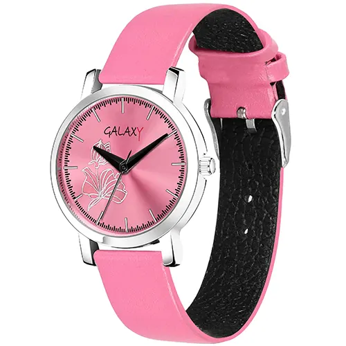 Pink Floral Dial Faux Leather Strap Watch