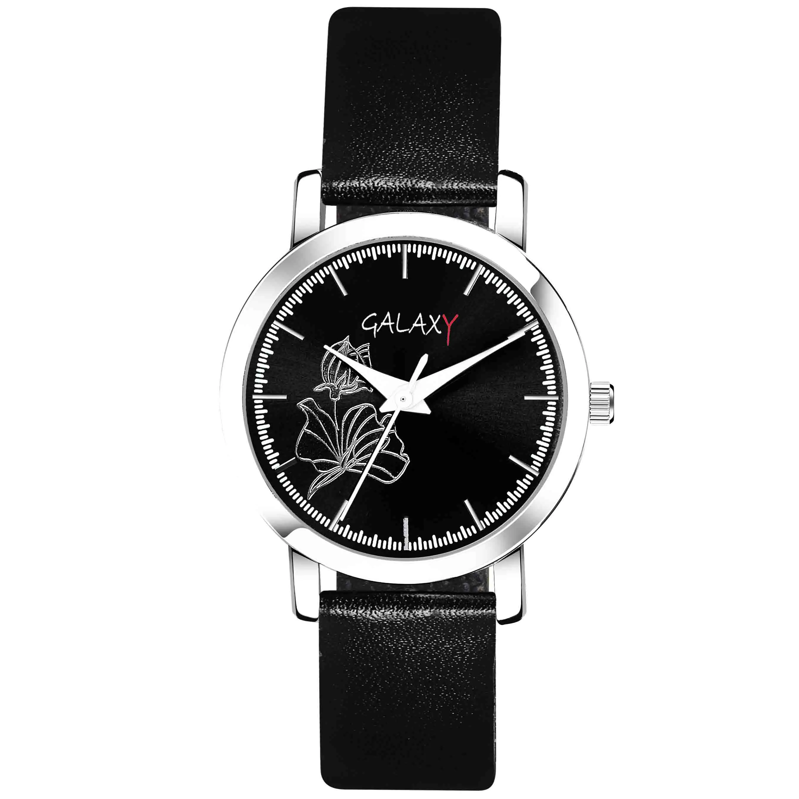 Black Floral Dial Faux Leather Strap Watch