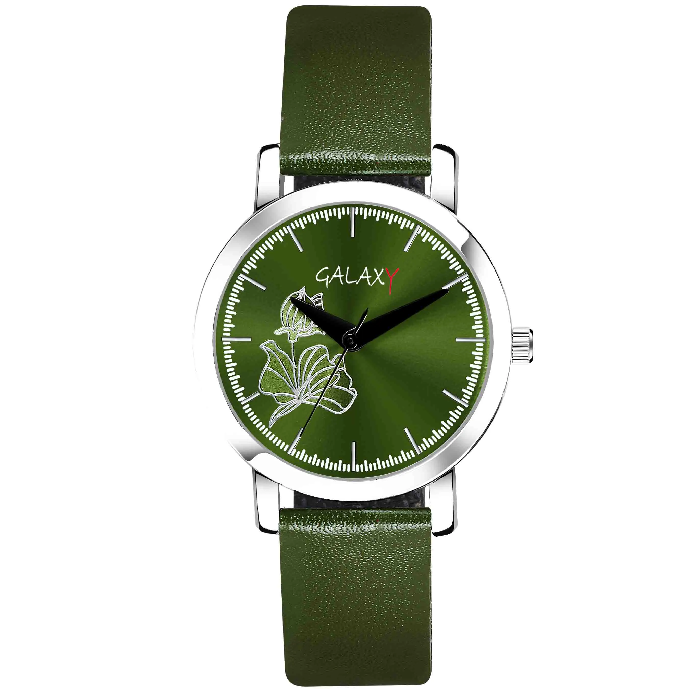 Green Floral Dial Faux Leather Strap Watch
