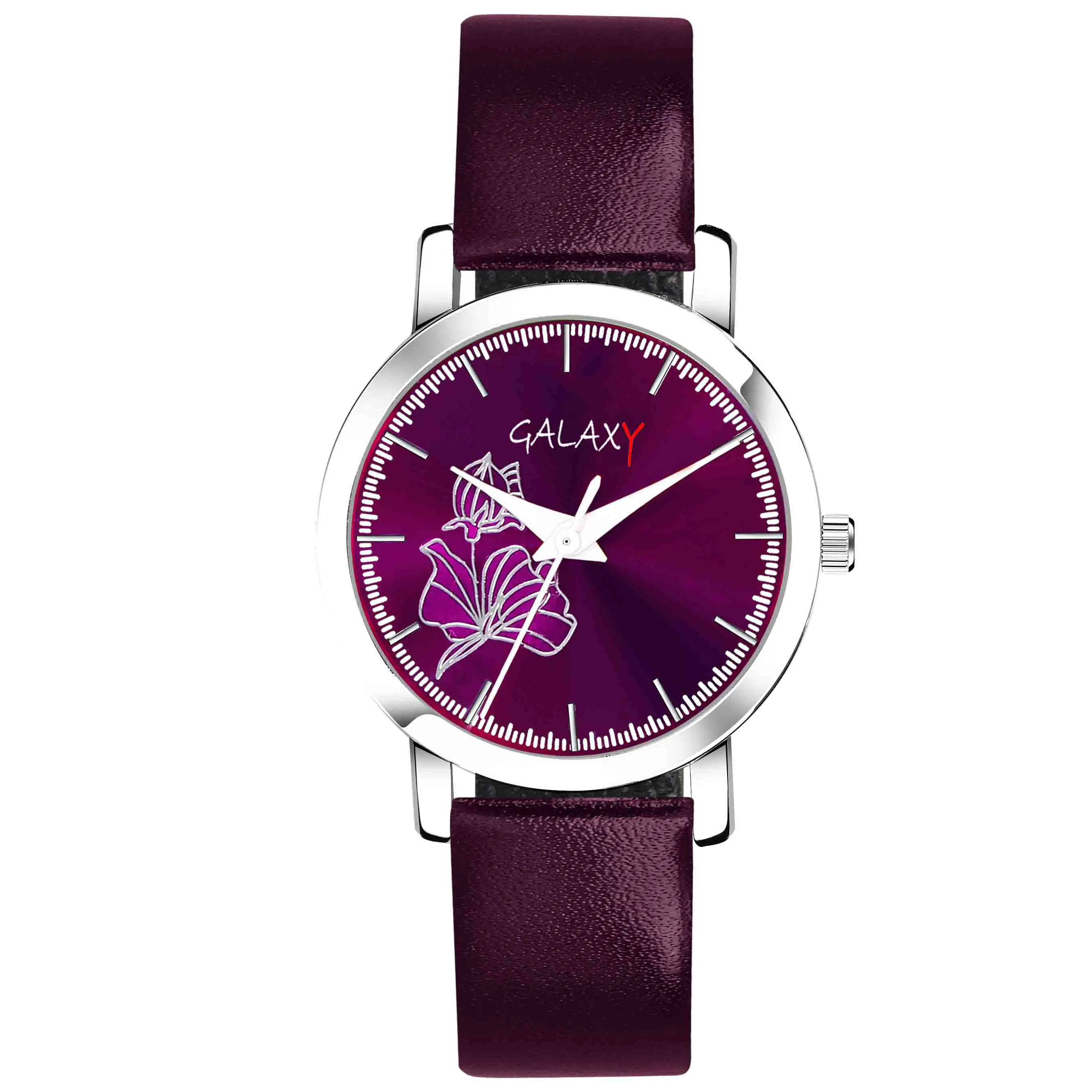 Purple Floral Dial Faux Leather Strap Watch