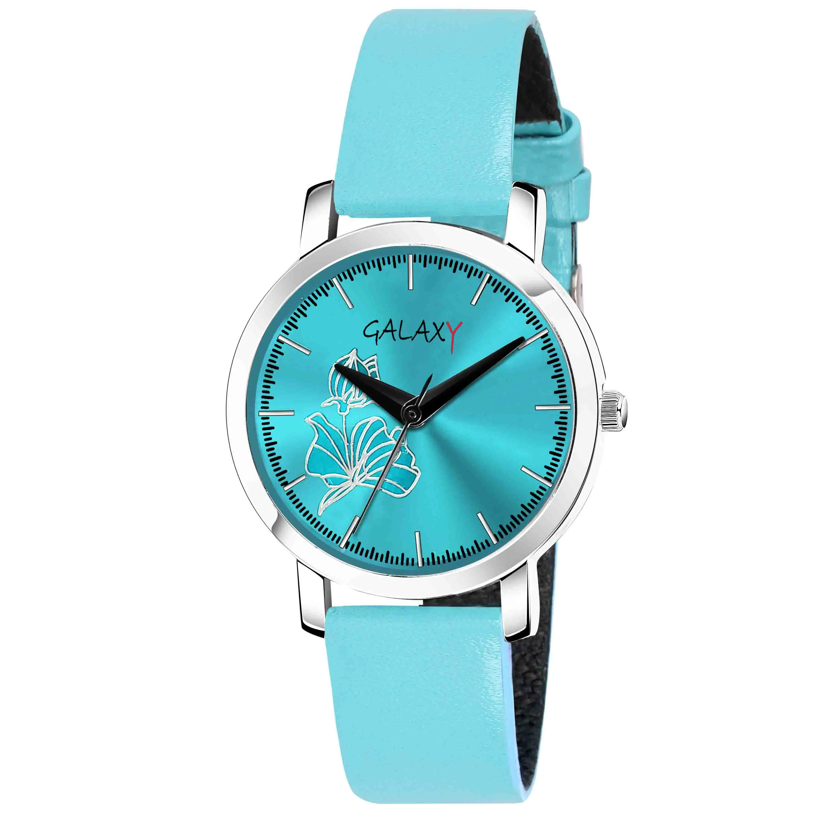Bule Floral Dial Faux Leather Strap Watch