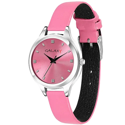 Pink Dial Faux Leather Strap Watch with Diamantes