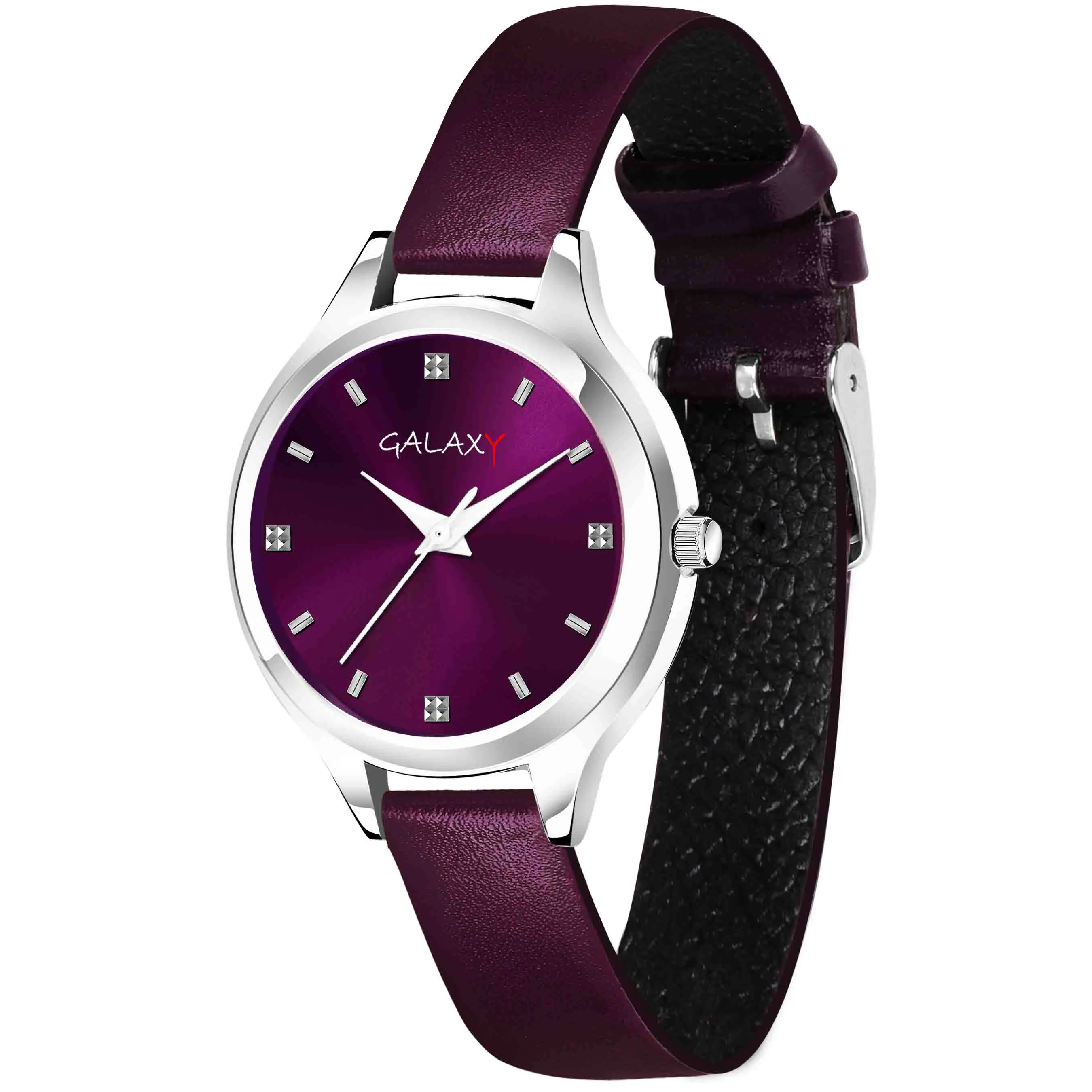 Purple Dial Faux Leather Strap Watch with Diamantes