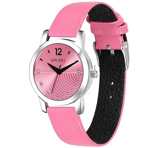 Pink Dial Faux Leather Strap Watch