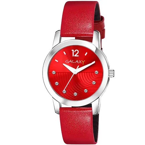 Red Dial Faux Leather Strap Watch
