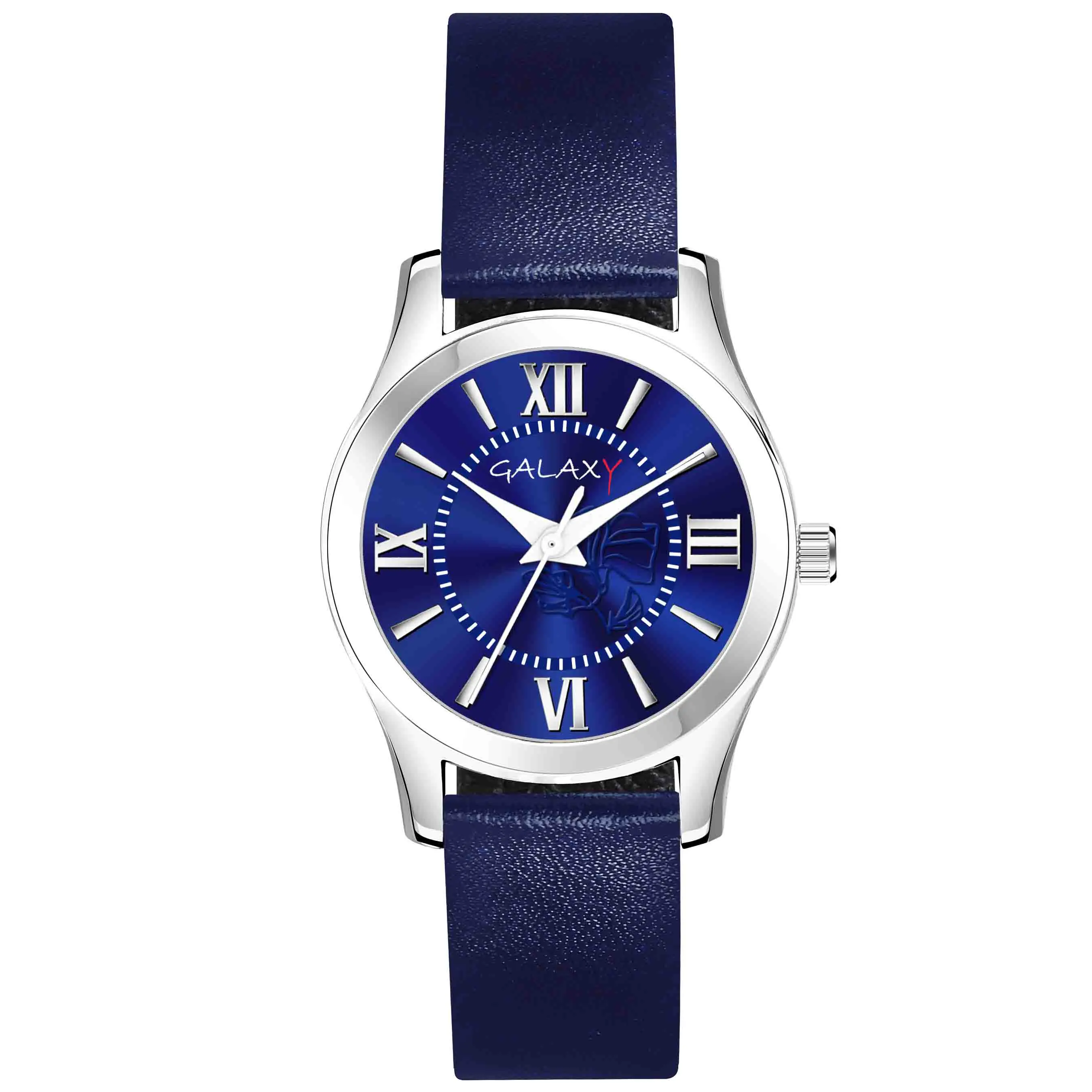 Galaxy Blue Analog Watch with Roman Numeral Dial and Sunray Effect Silver Case, Blue Faux Leather Strap