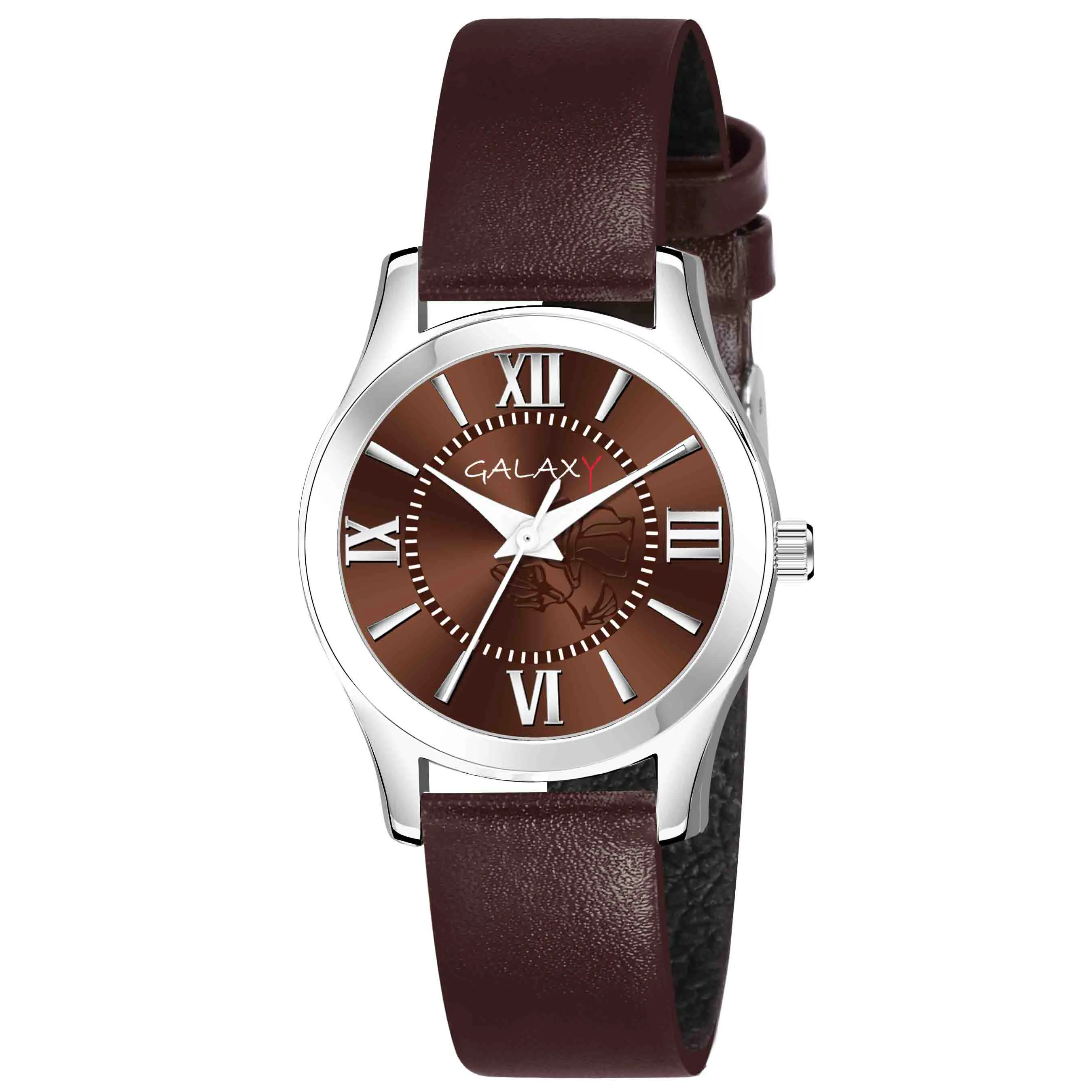 Galaxy Brown Analog Watch with Roman Numeral Dial and Sunray Effect Silver Case, Brown Faux Leather Strap