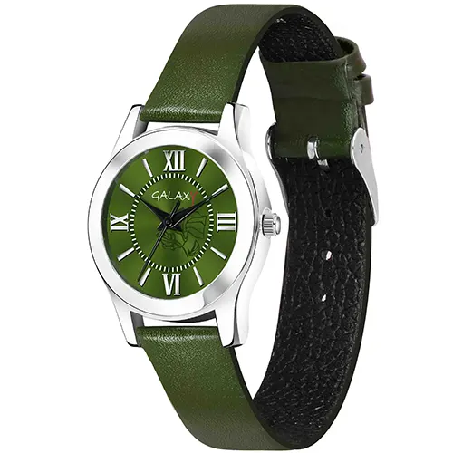 Green Analog Watch with Roman Numeral Dial and Sunray Effect Silver Case, Green Faux Leather Strap