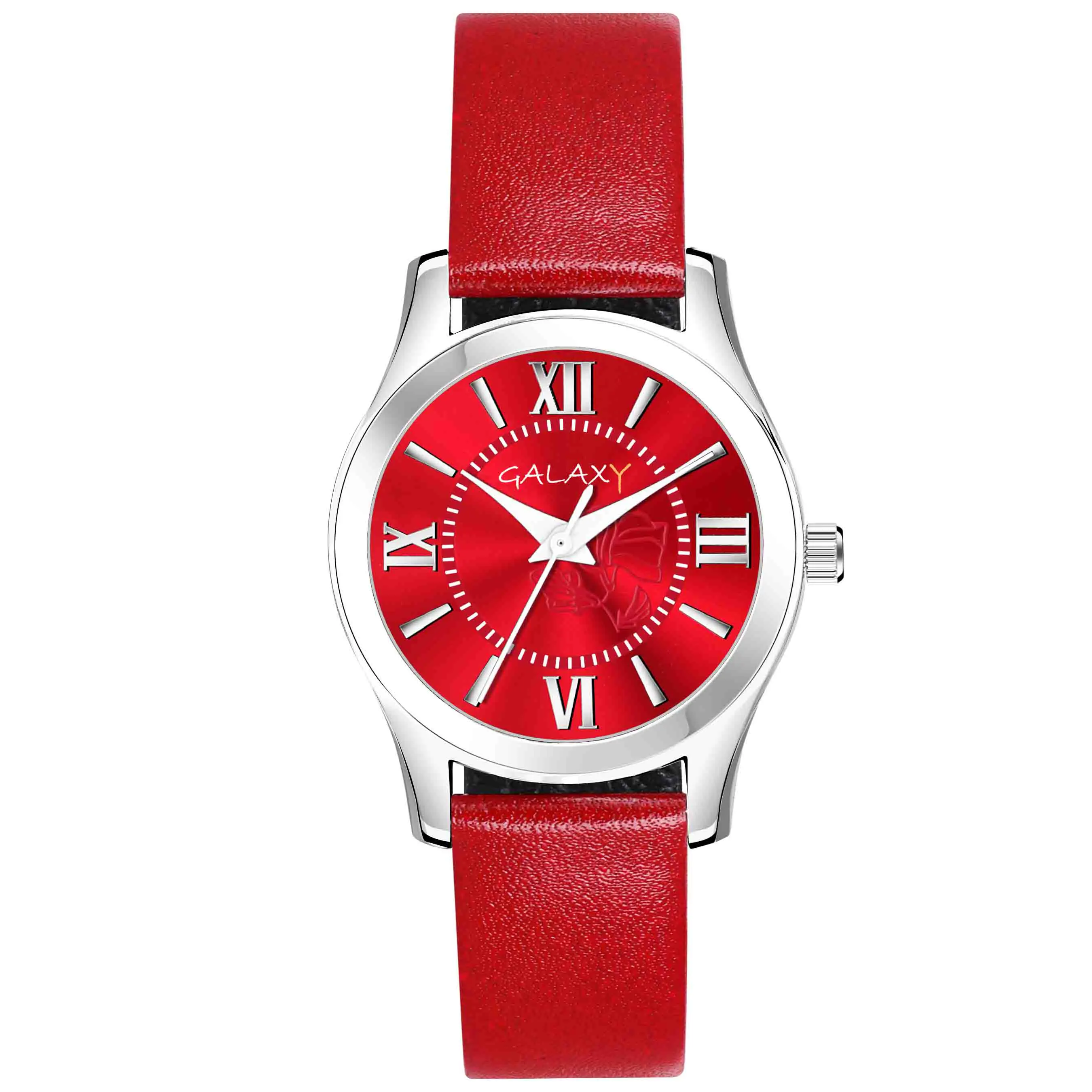 Galaxy Red Analog Watch with Roman Numeral Dial and Sunray Effect Silver Case, Red Faux Leather Strap