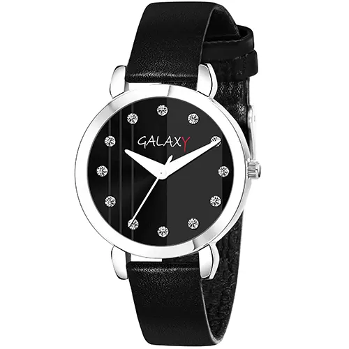 Galaxy Black Analog Watch with Striped Dial and Diamond Accents Silver Case, Black Faux Leather Strap