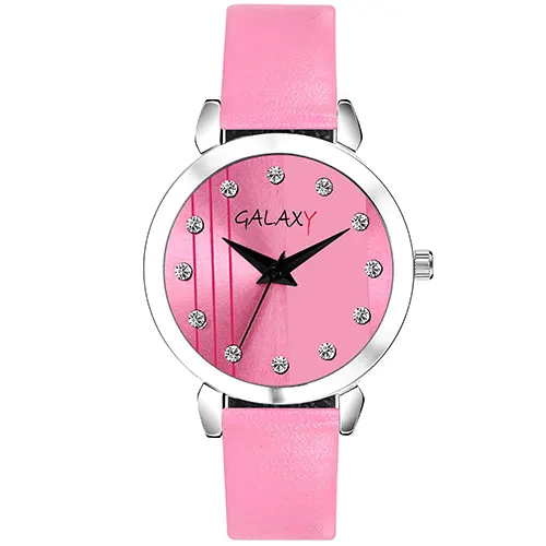 Galaxy Pink Analog Watch with Striped Dial and Diamond Accents Silver Case, Pink Faux Leather Strap