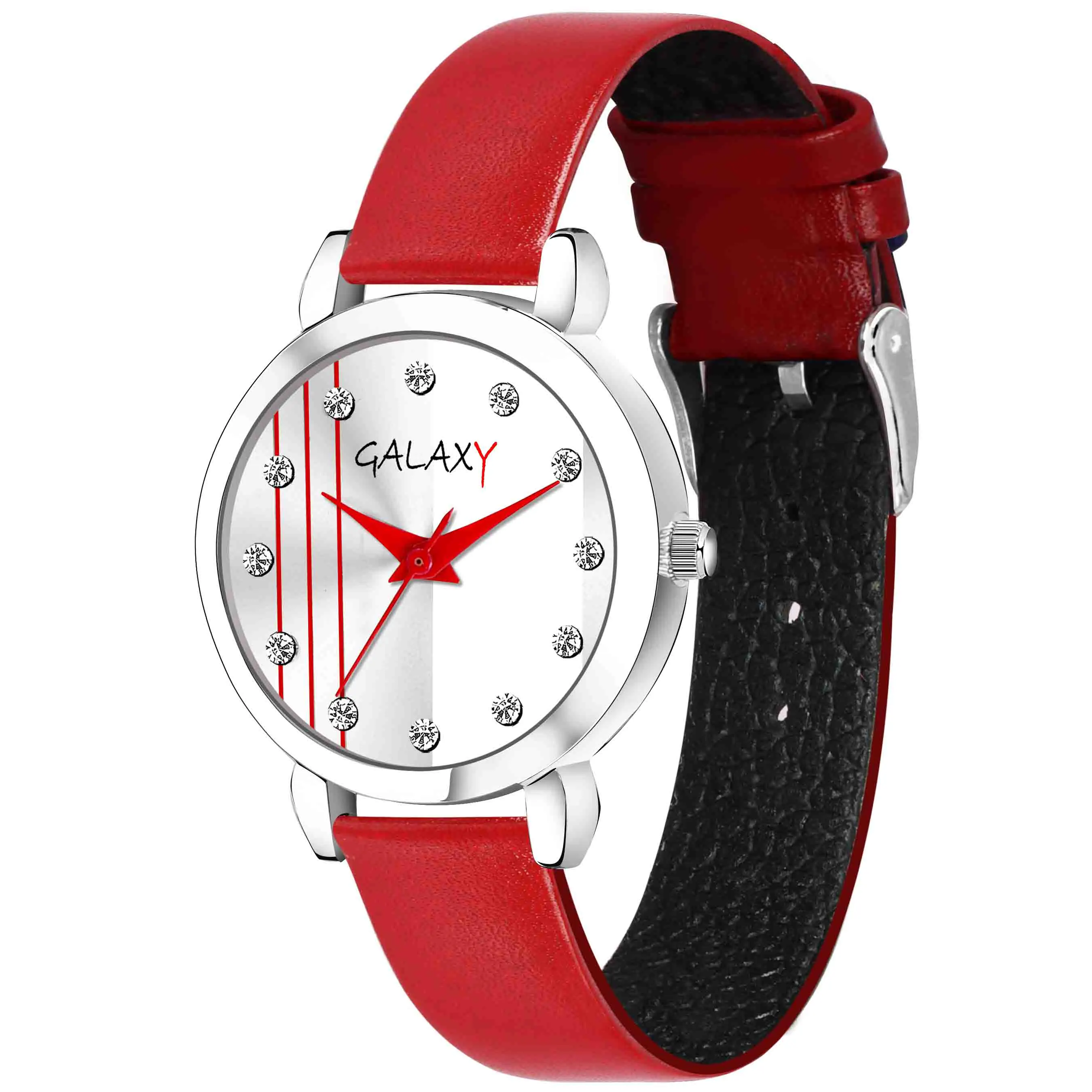 &nbsp;Galaxy White Analog Watch with Striped Dial and Diamond Accents Silver Case, Red Faux Leather Strap