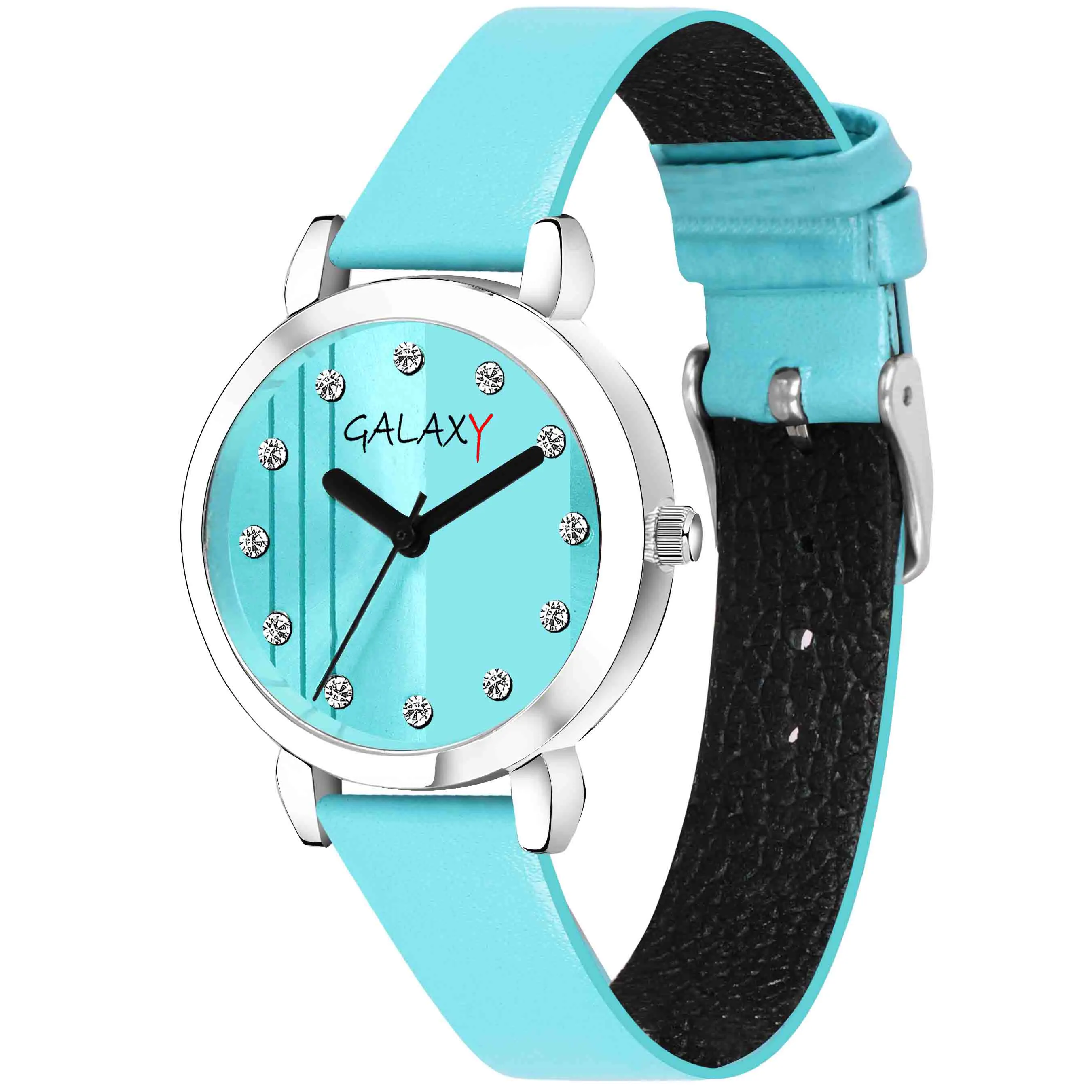 Blue Analog Watch with Striped Dial and Diamond Accents