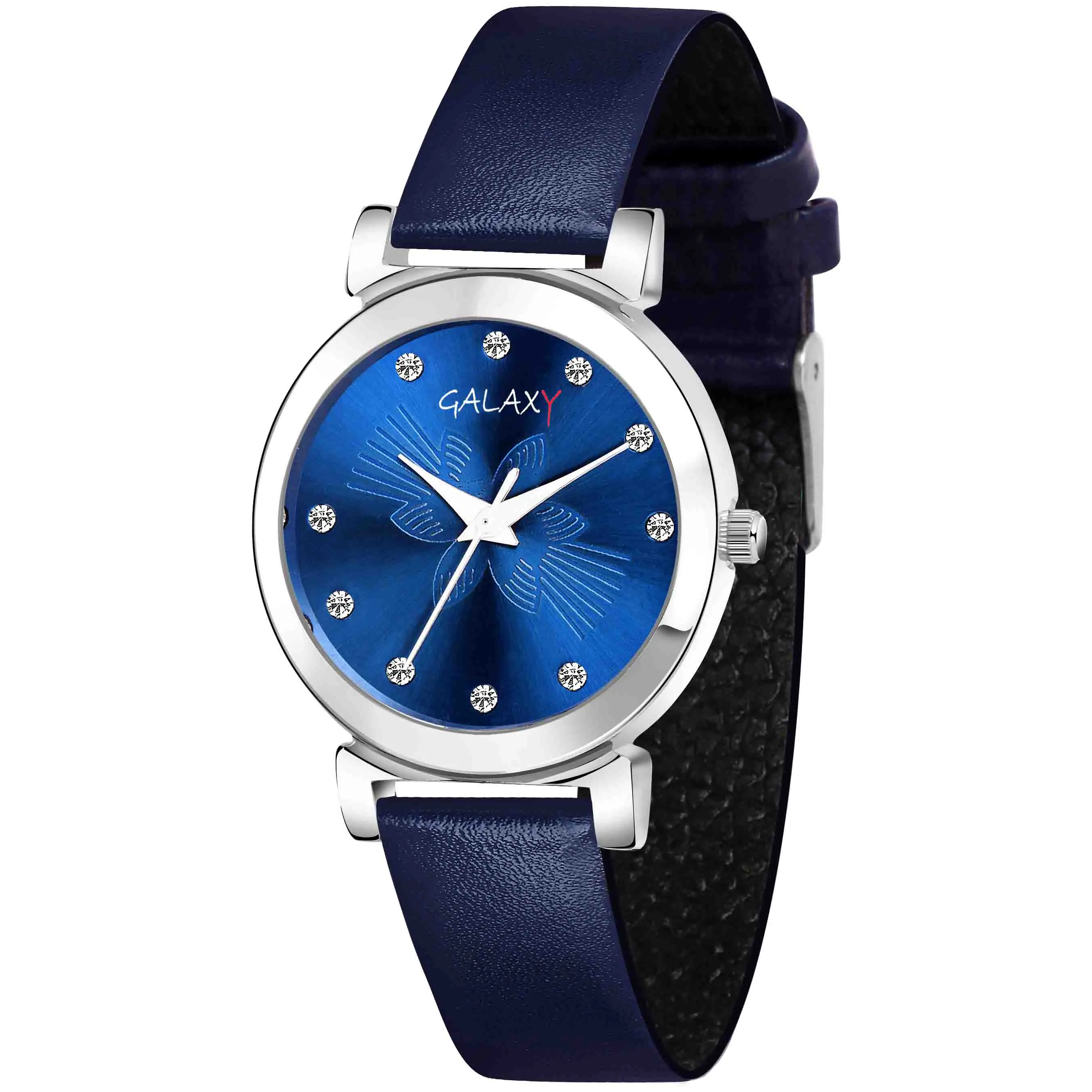 Blue Dial Faux Leather Strap Watch with Diamantes