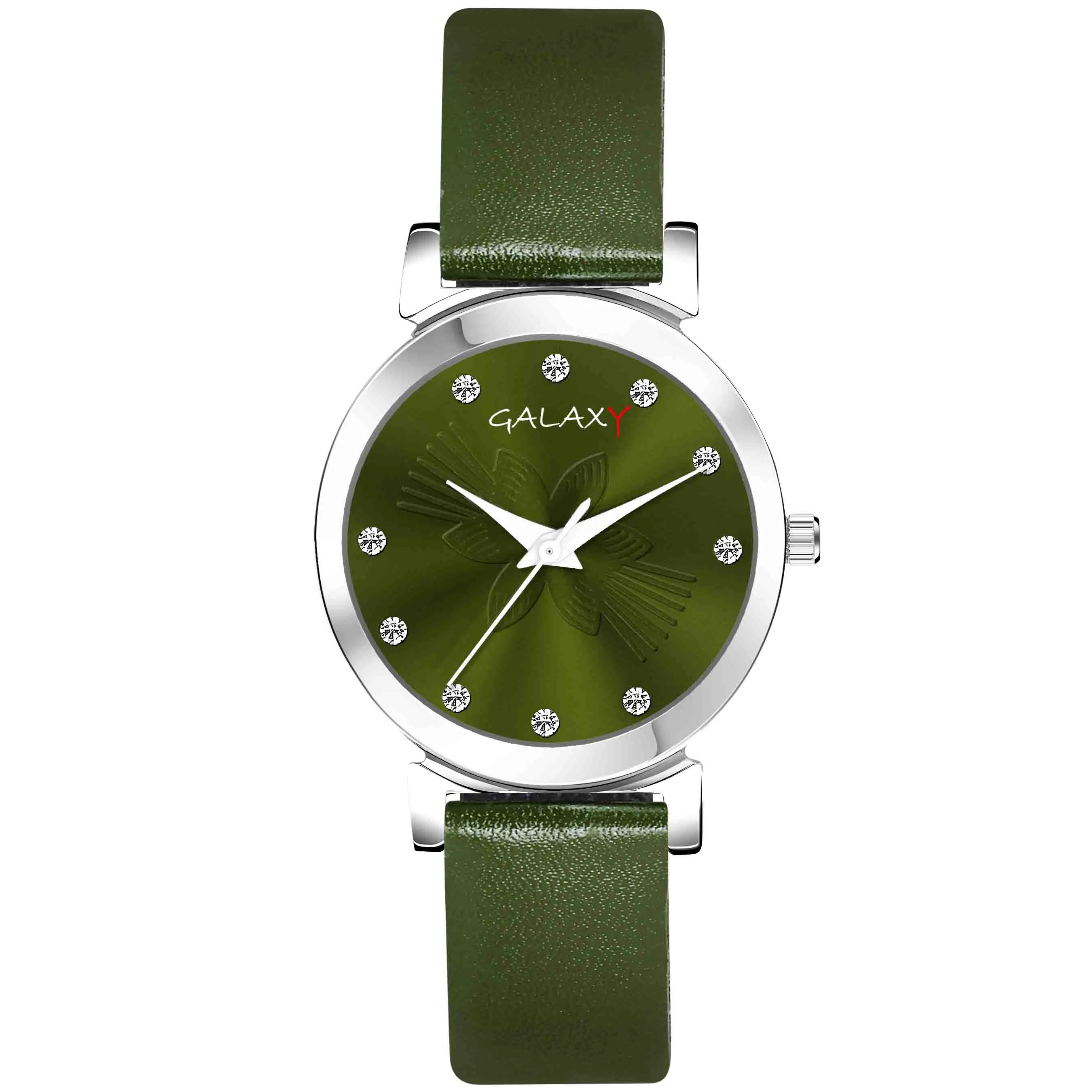 Green Dial Faux Leather Strap Watch with Diamantes