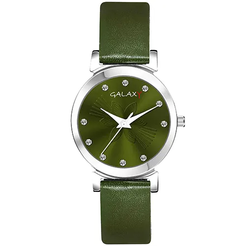 Green Dial Faux Leather Strap Watch with Diamantes