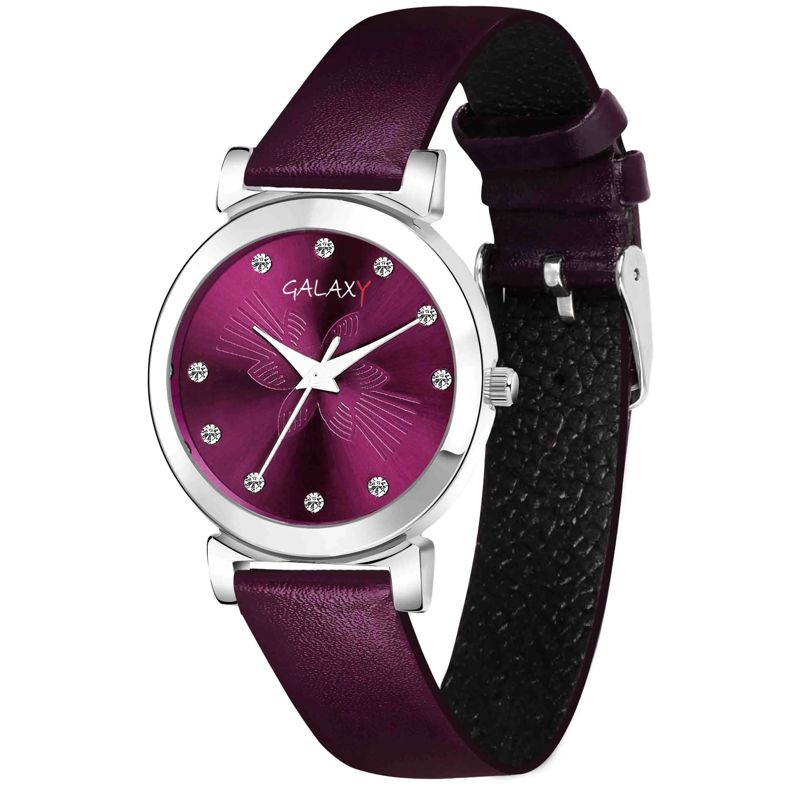 Purple Analog Watch with Striped Dial and Diamond Accents