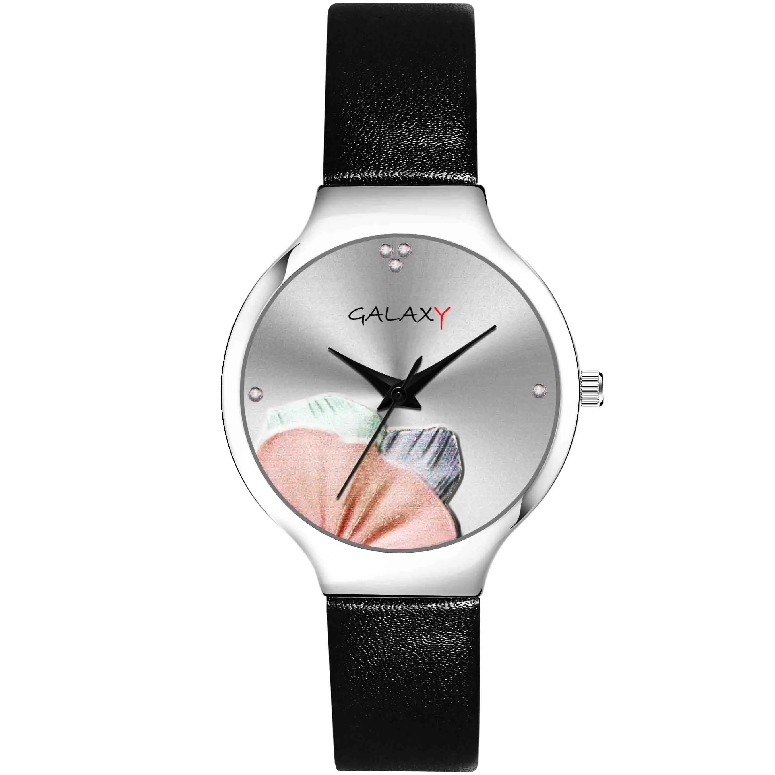 Floral Dial Black Faux Leather Strap Watch