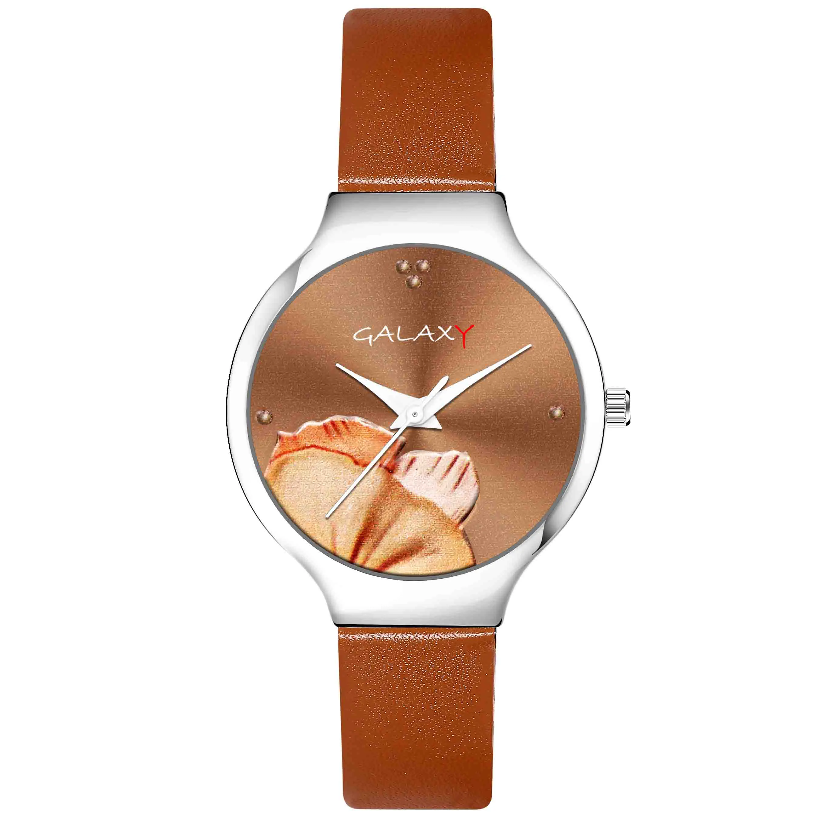 Floral Orange Dial Faux Leather Strap Watch