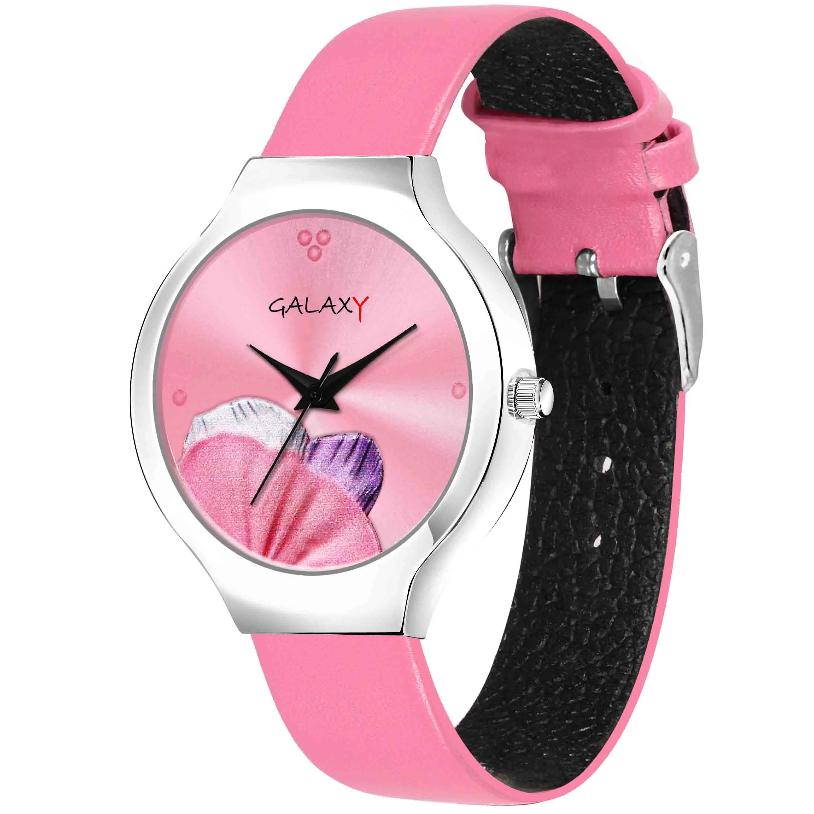 Floral Pink Dial Faux Leather Strap Watch