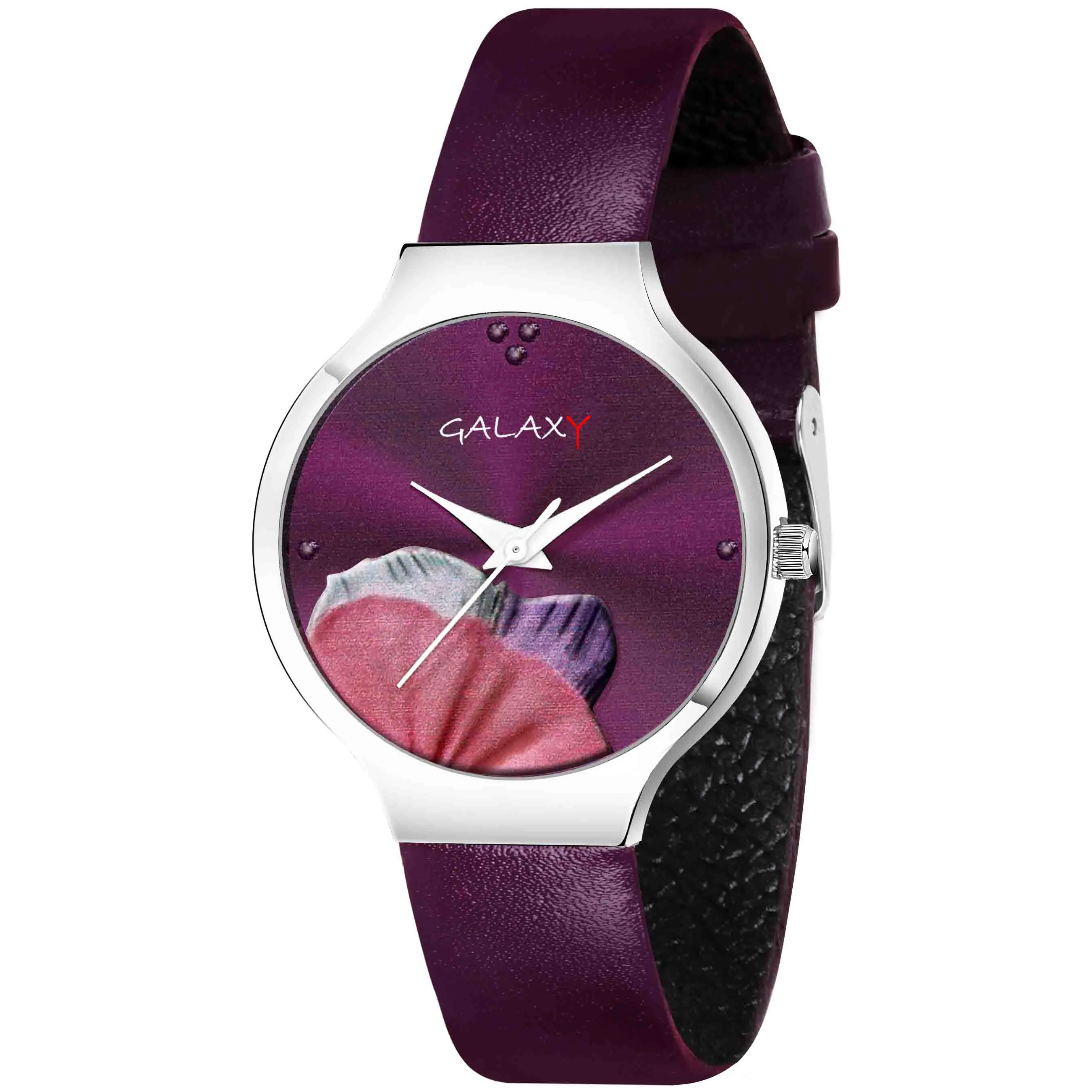 Purple Floral Dial Faux Leather Strap Watch