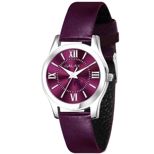 Galaxy Purple Analog Watch with Roman Numeral Dial and Sunray Effect Silver Case, Purple Faux Leather Strap